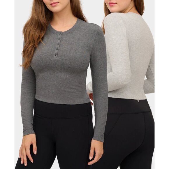 Yogalicious Velvety Heather Grey Valentina Henley Crop Top - Picture 1 of 7